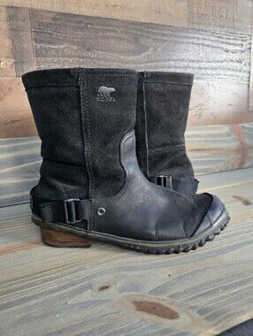 SOREL NL2107 010 SLIMSHORTIE LEATHER & RUBBER DUCK BOOTS Size 10 BLACK